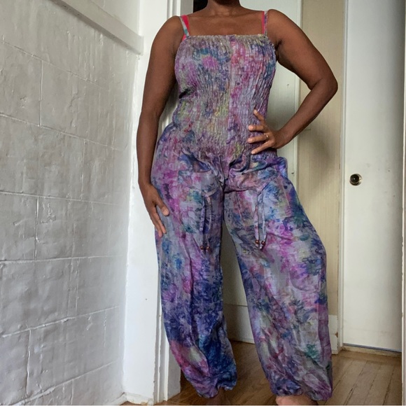 Pants - Made in India Silk Roushed Pleated Purple Pink Gray Blue Tie Dye Jogger Jumpsuit